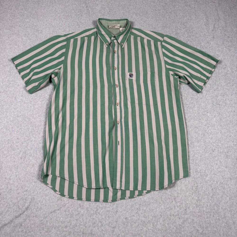 Vintage 80s Brittania Mens Green Striped Short Sleeve Button Down Shirt Size M